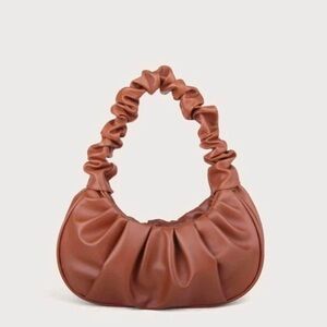 Brown faux leather ruched pleated scrunchy ruched shoulder hand bag bag purse.